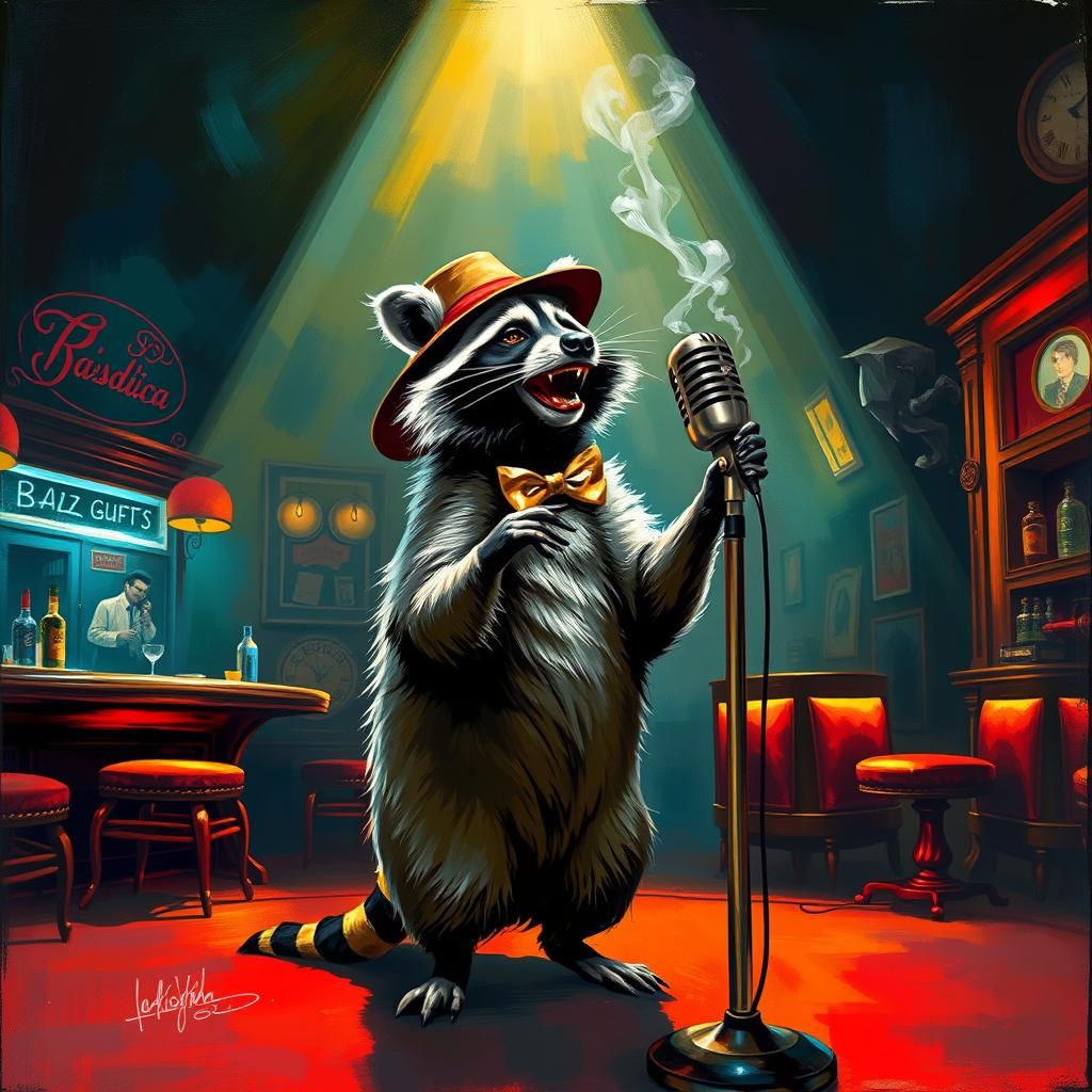 Singing Raccoon in Fedora, Basquiat-Style Painting