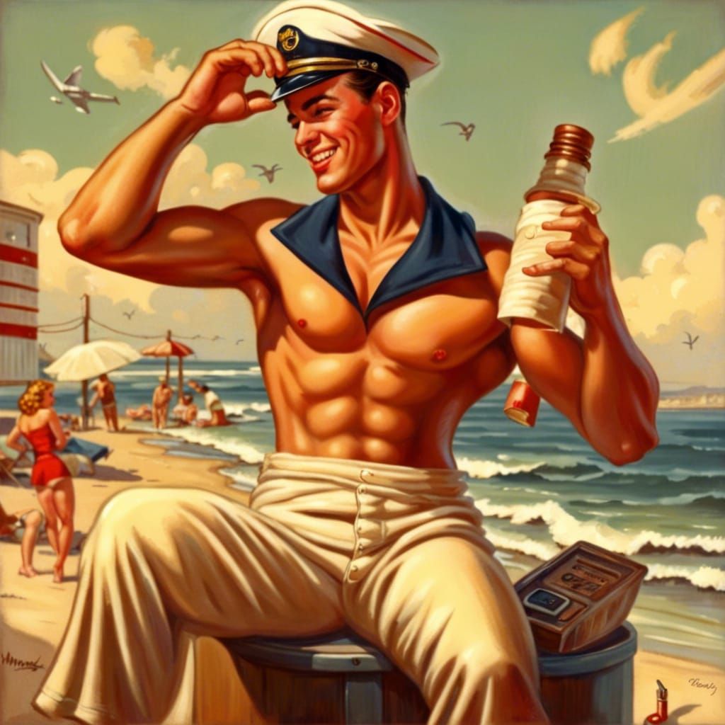 1950s Style Pin-Up Man at the Beach