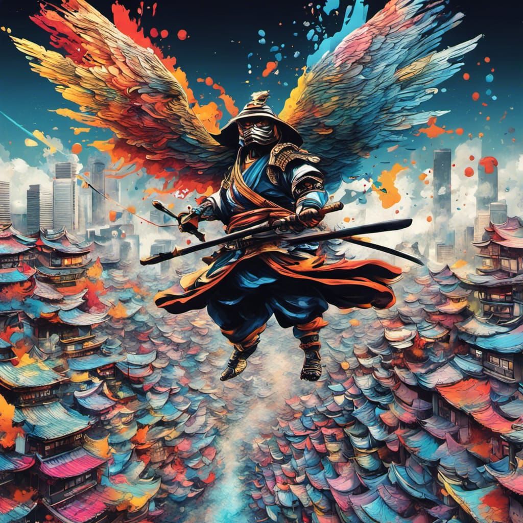 Winged Samurai over Graffiti City: Splash Art Style