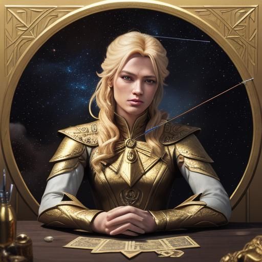 Blonde Tarot Reader with Archer Bow in Oil Painting Style