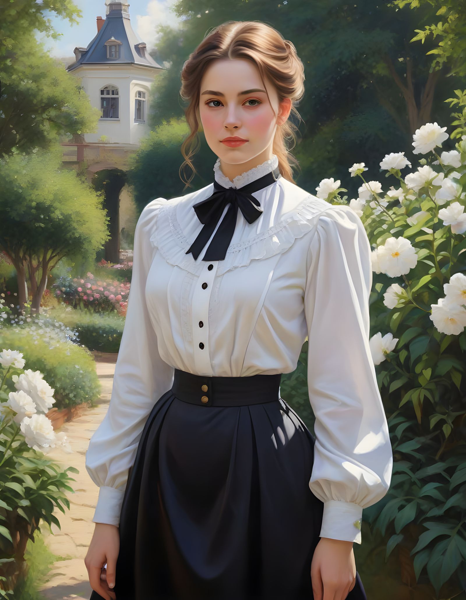 Victorian Woman in Cozy Garden Oil Painting