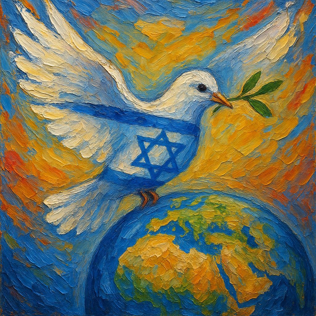 Impasto Bird Flies Over Globe with Olive Leaf, Israeli Flag