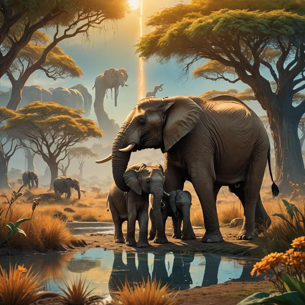 Elephant Family Savanna Fantasy Digital Matte Painting