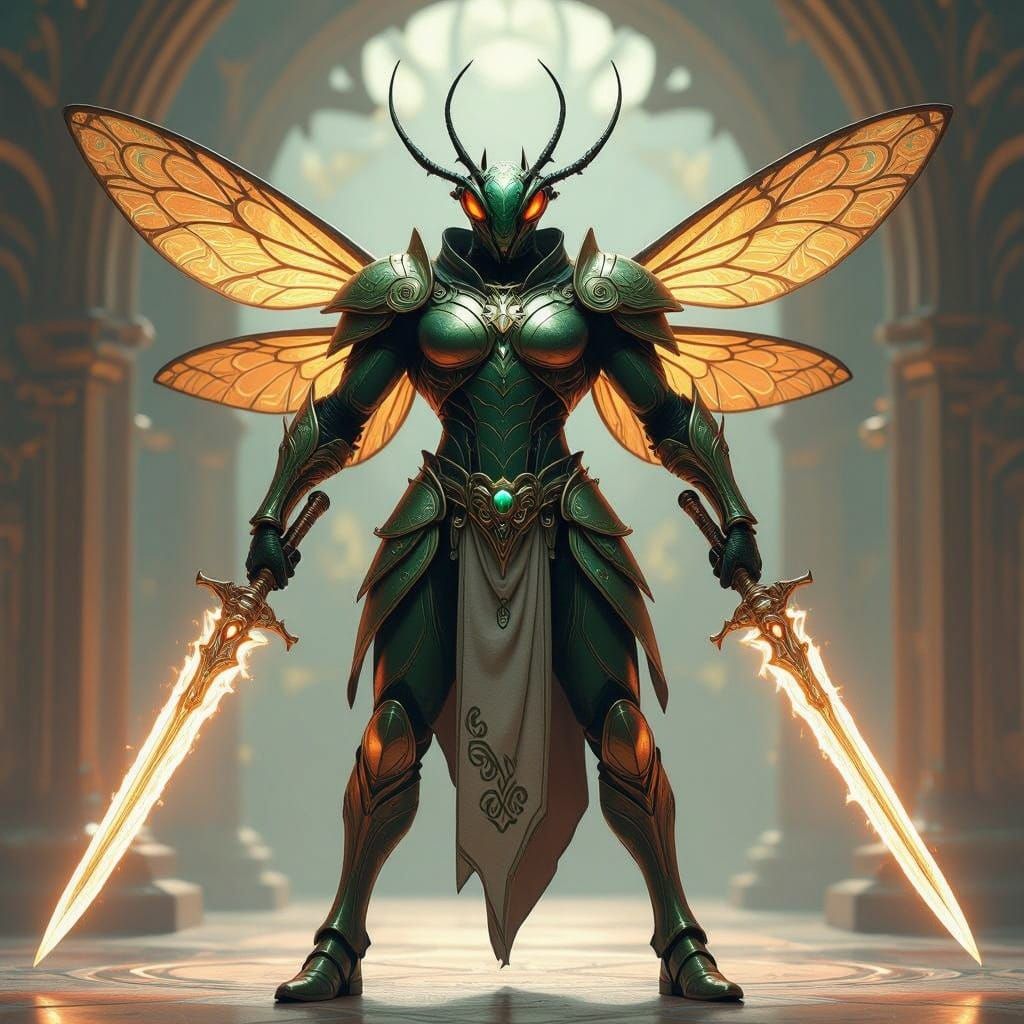 Cyberpunk Insect Warrior in Art Nouveau Armor, Radiant Sword...