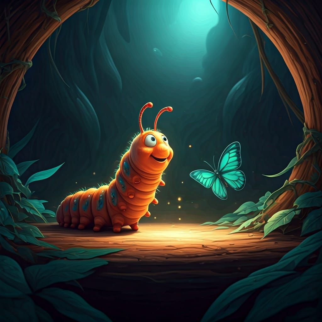 Smiling Caterpillar and Butterfly in Dreamcore Art