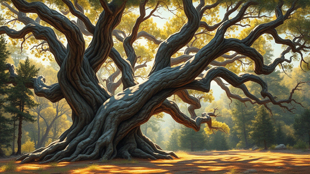 Majestic Ancient Tree in Sun-Dappled Forest Clearing