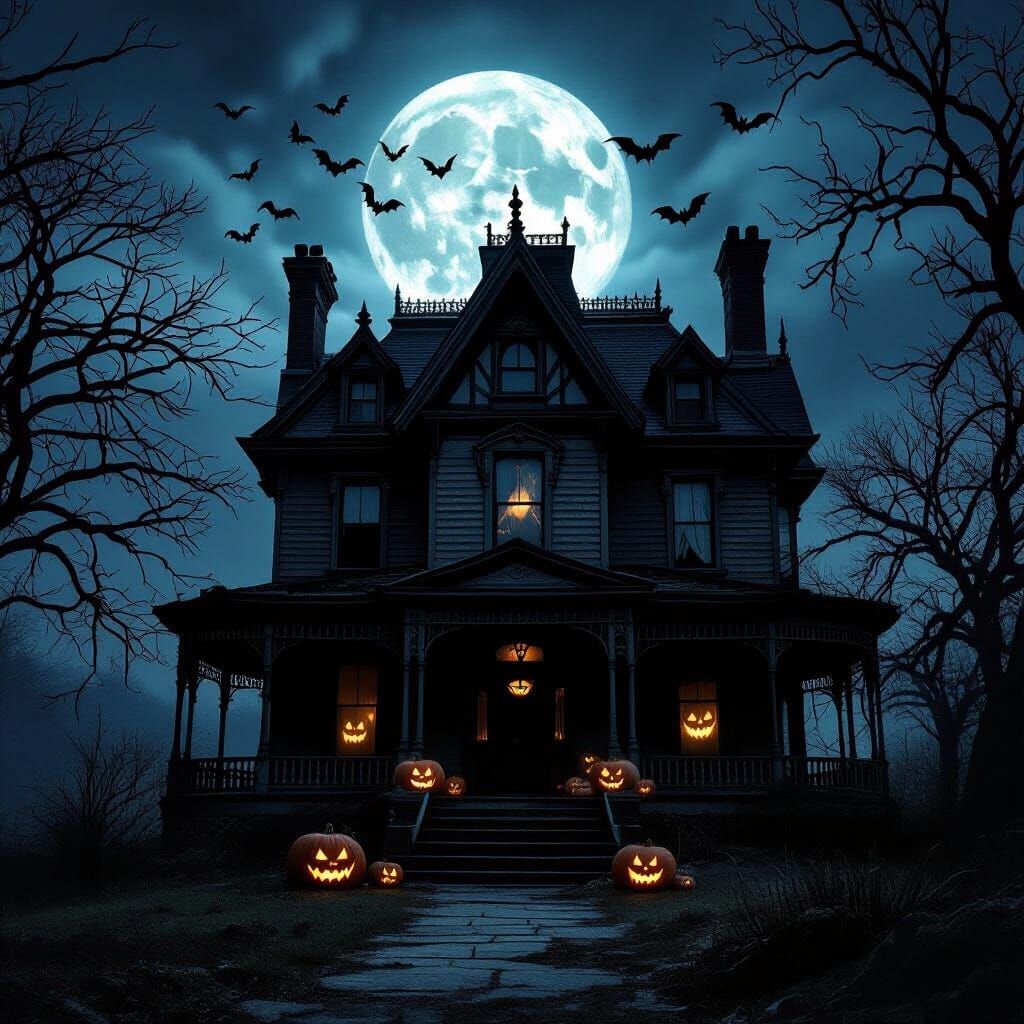 Gothic Victorian Mansion Under Eerie Moonlit Night