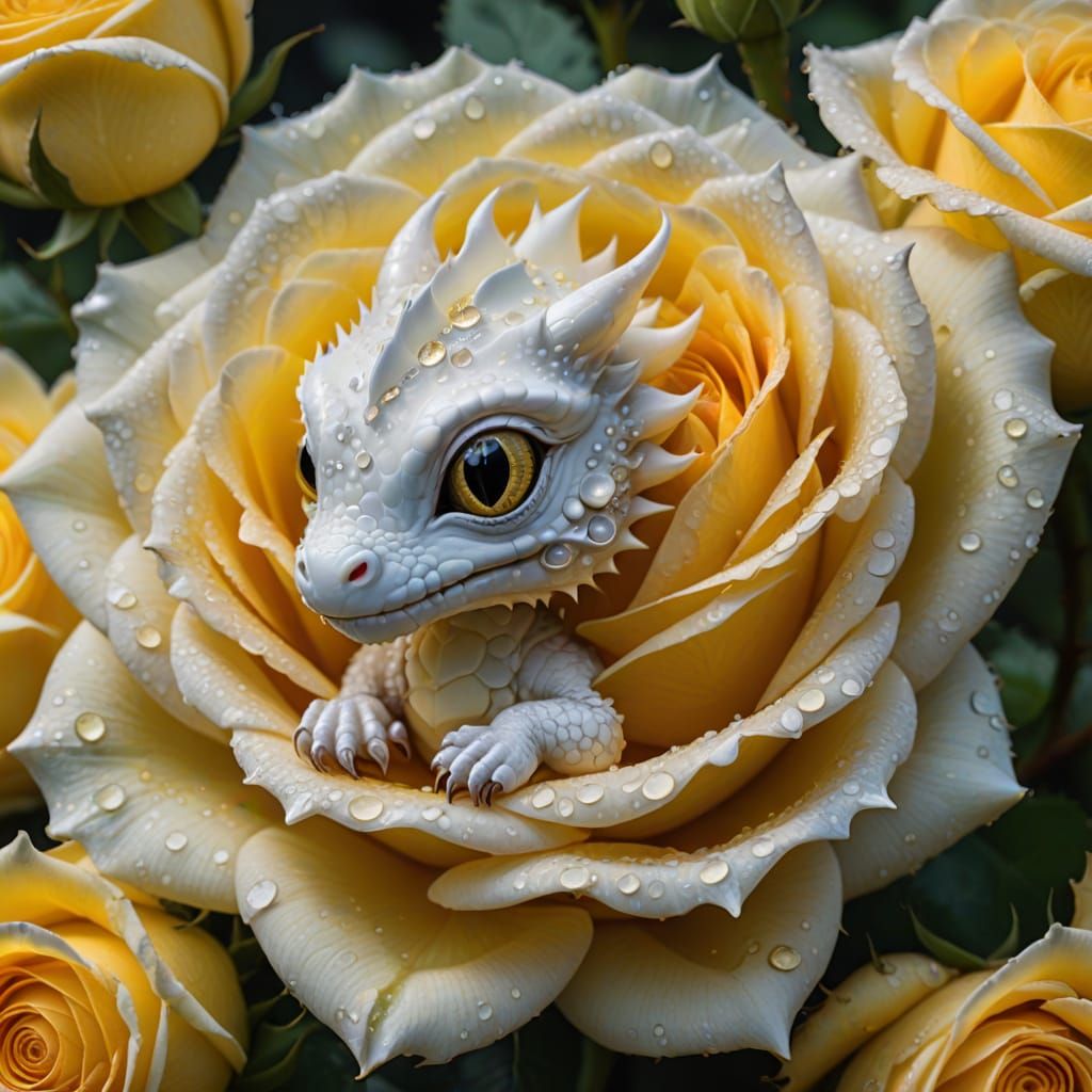 Tiny White Baby Dragon in Yellow Rose with Dew Drops