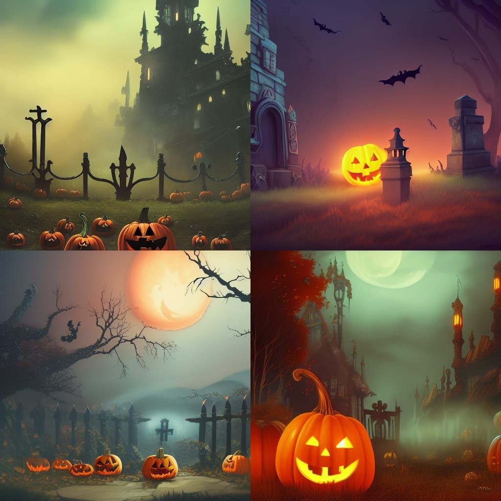 Halloween Graveyard with Pumpkin and Ghost in Anime Style
