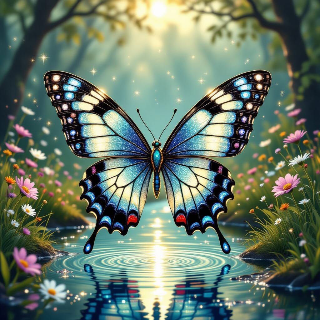Fantasy Butterfly with Mosaic Wings in Woodland Glade