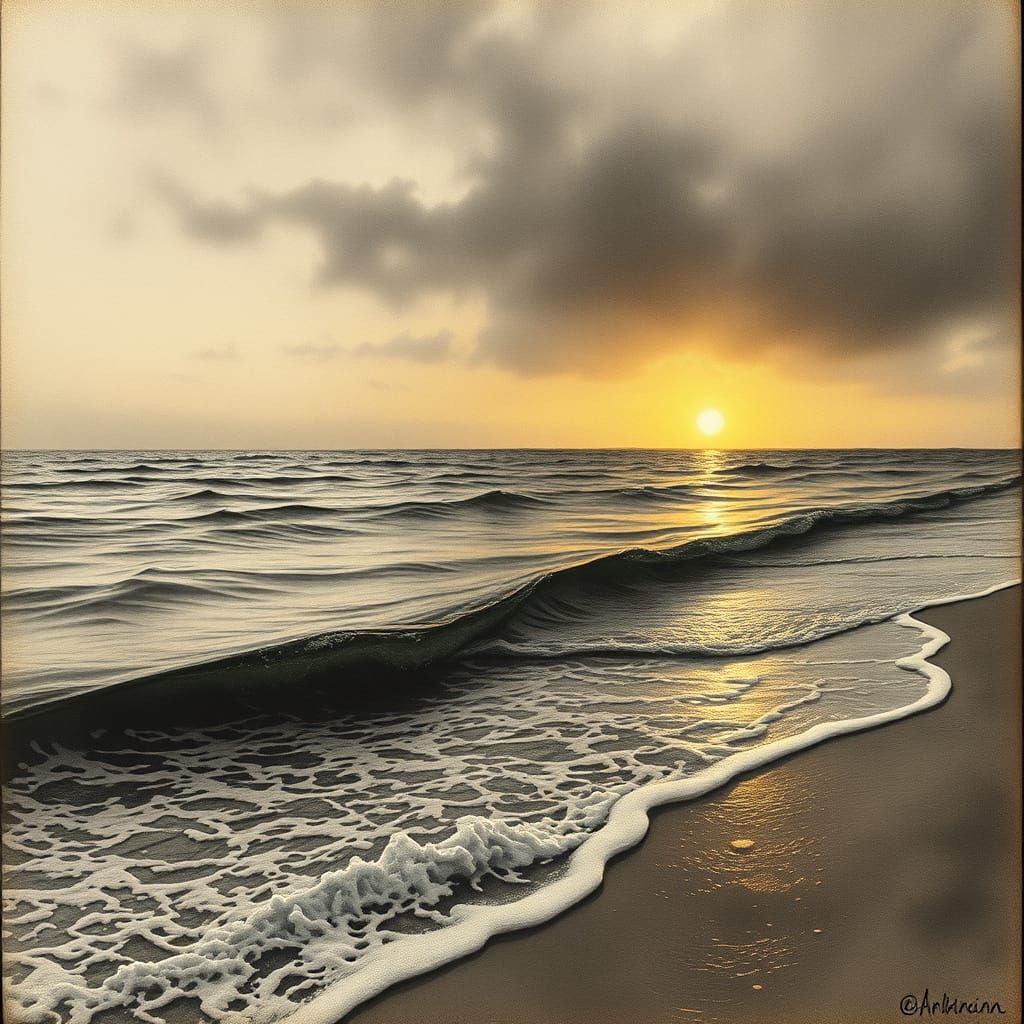 Serene Seascape at Sunset in Hyper-Realistic Charcoal Drawin...