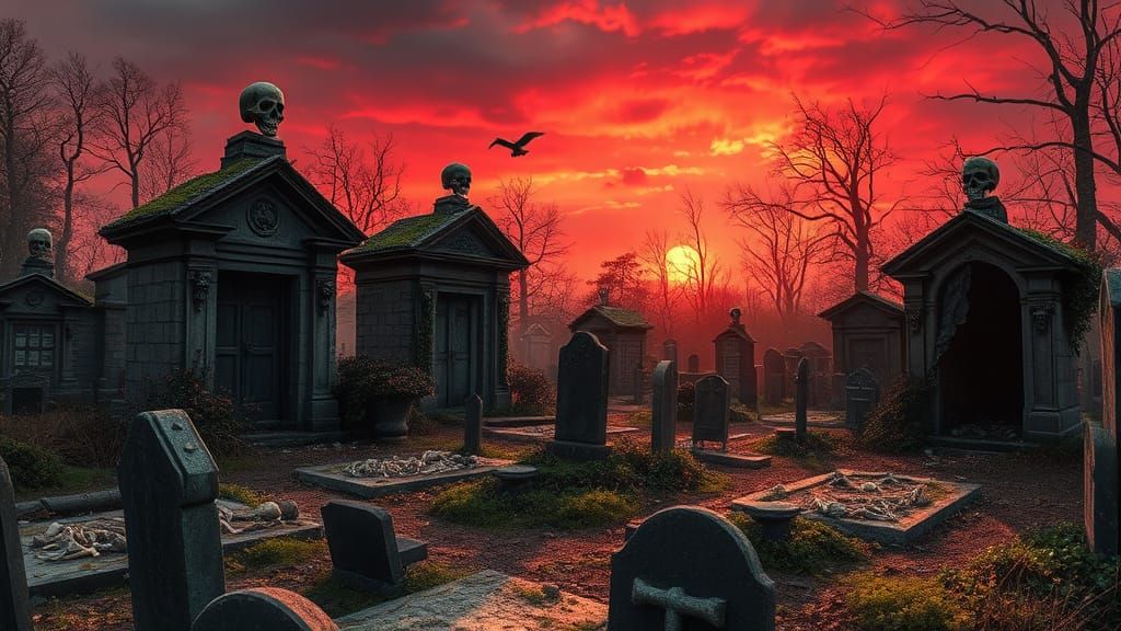 Forgotten Graveyard in a Blood-Red Sunset