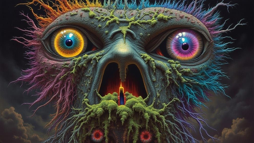 Fractal Faced Man with Rainbow Moss and Roots