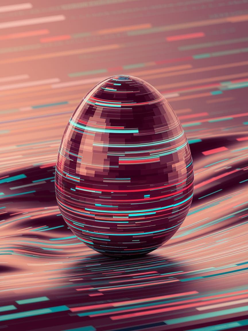 Glitched Digital Egg in Vibrant Warm Hues