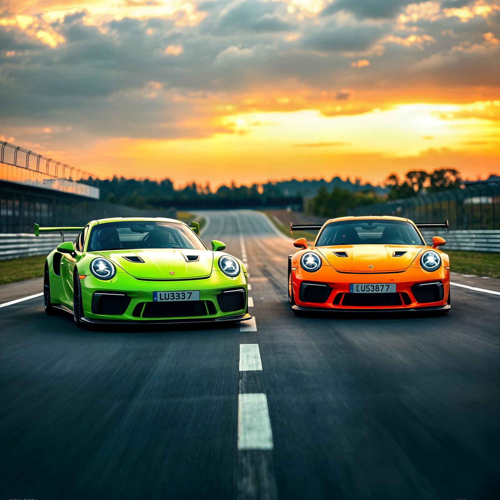 Neon Porsche GT3 Cars on Racetrack