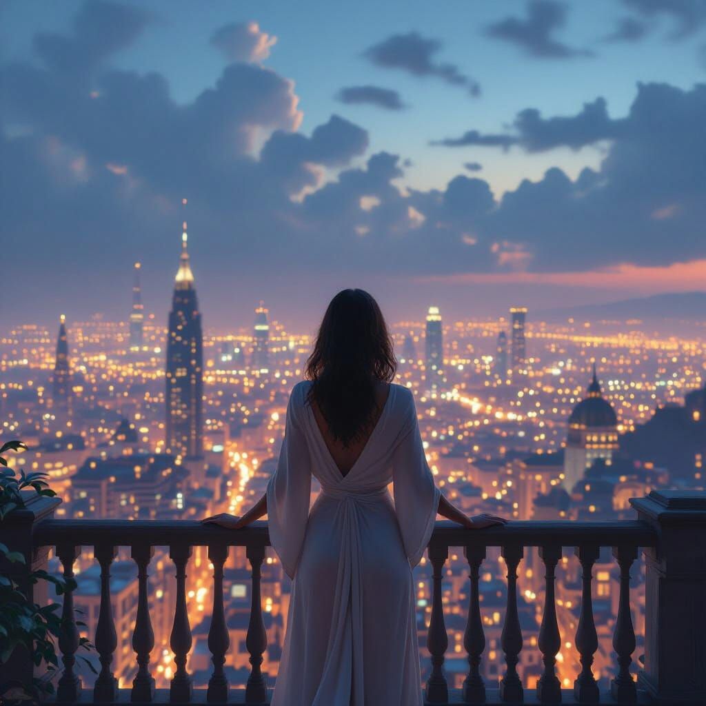 Woman Overlooking Vibrant City at Twilight, Matte Painting S...