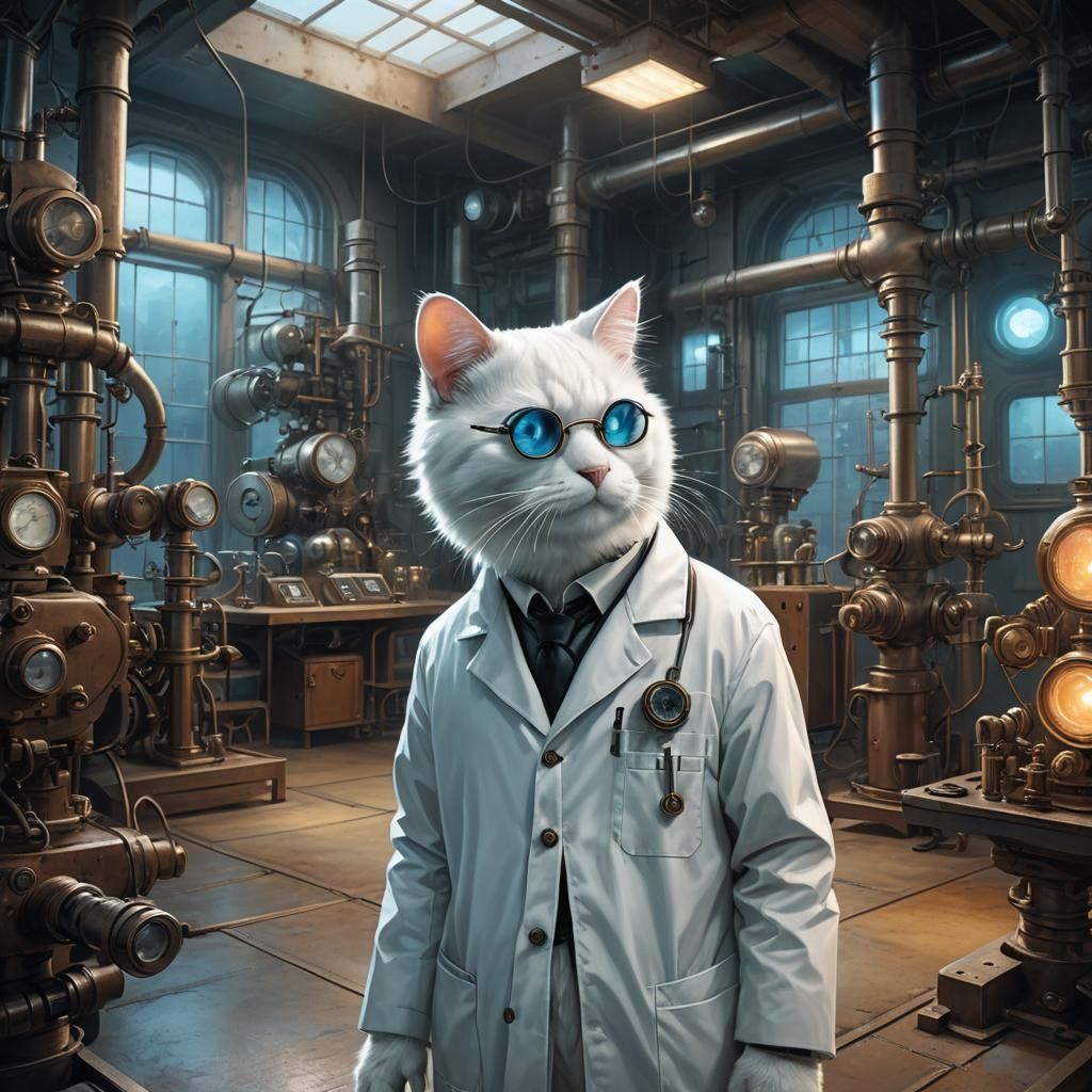 Steampunk Cat Scientist in Laboratory