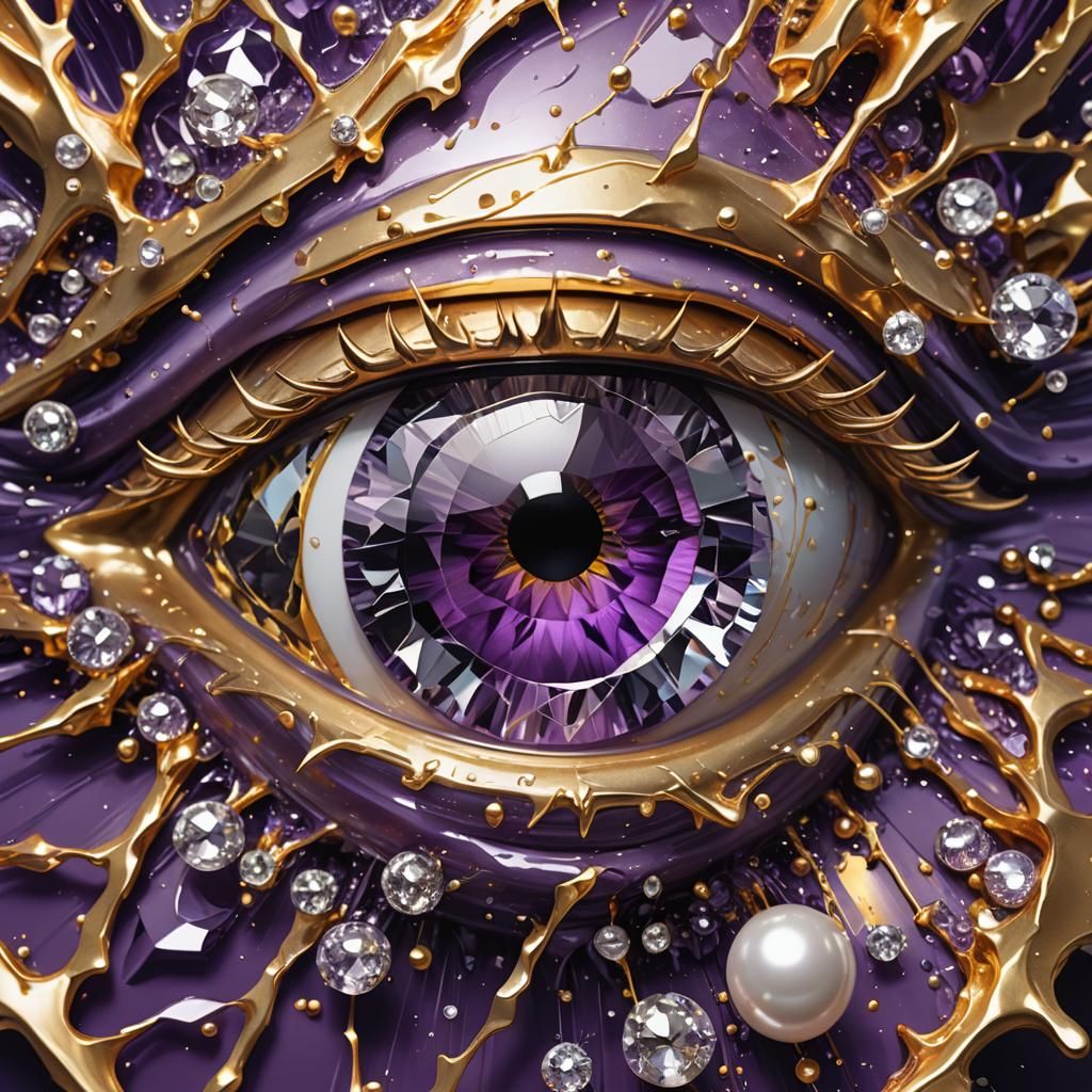 Macro of an purple diamond and gold eye, with large beams of...