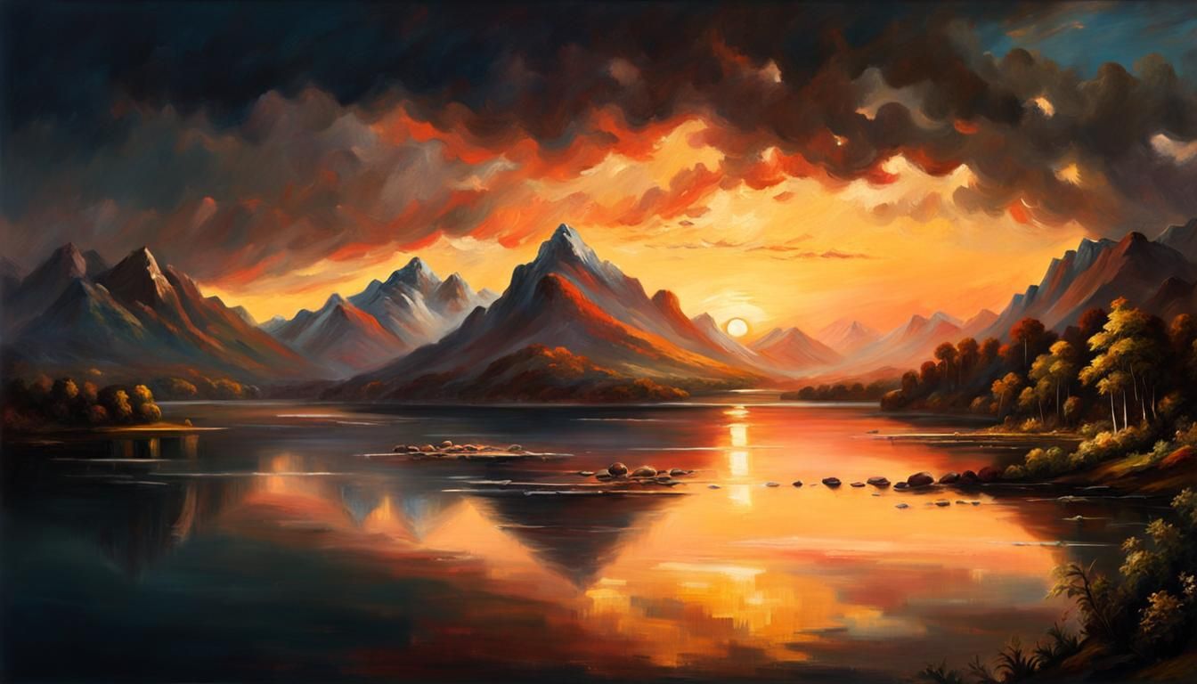 Romantic Sunset Mountain Lake Oil Painting