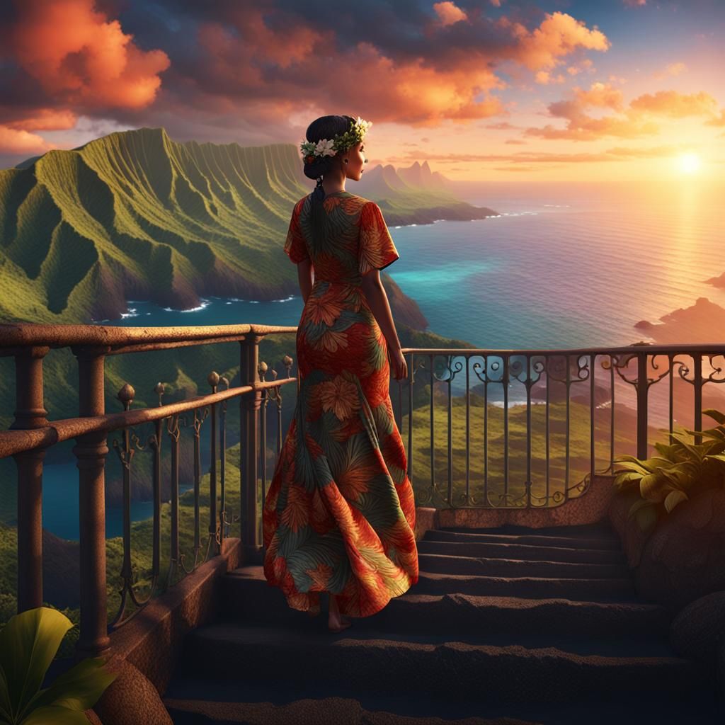 Hawaiian Woman at Sunset Overlooking Ocean