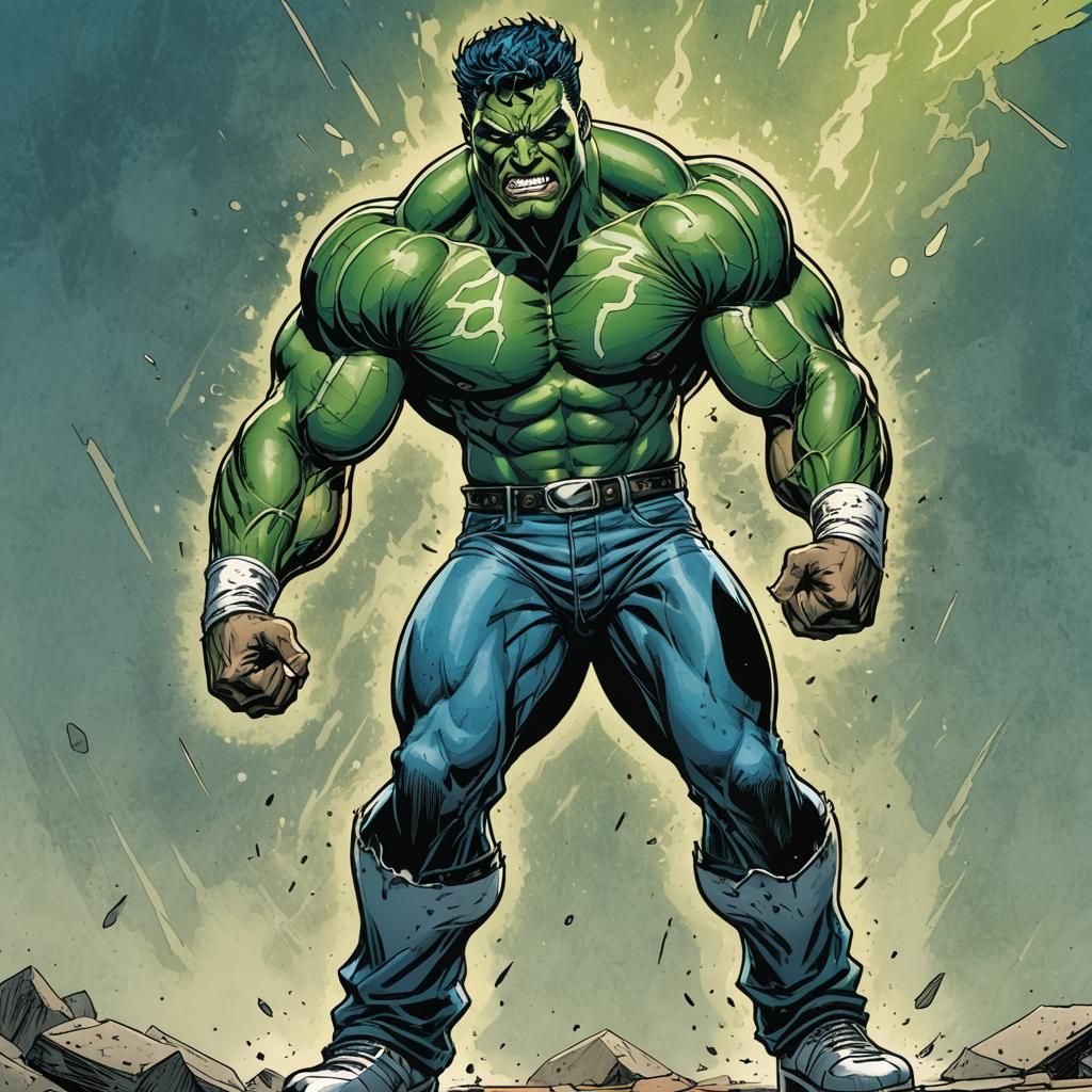 Green Wrestler with Baby Features in Comic Book Style