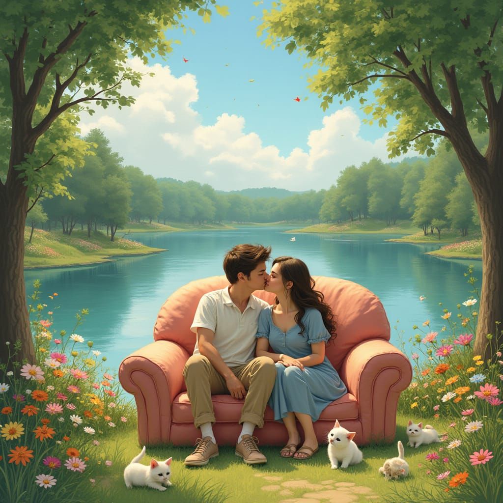 Romantic Lakeside Scene in Whimsical Style