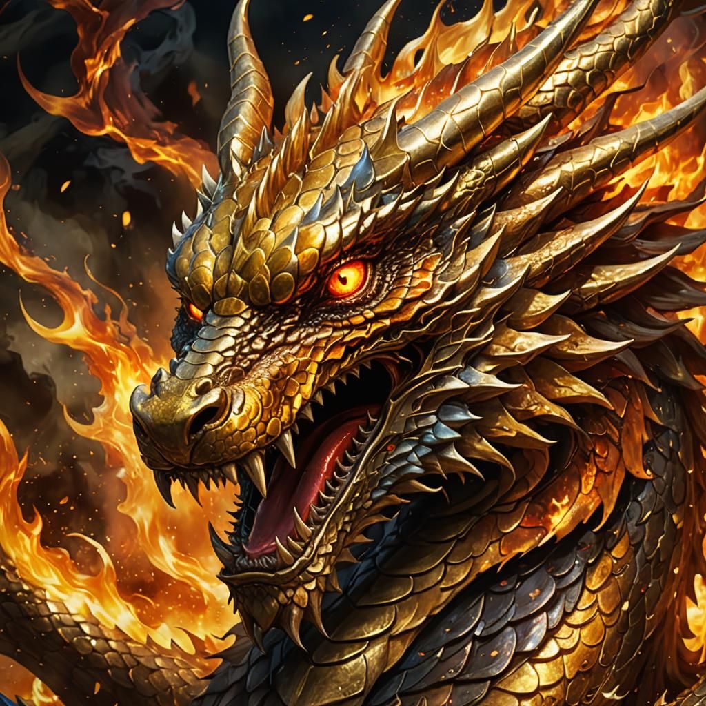 Fierce Golden Dragon Face in Flames