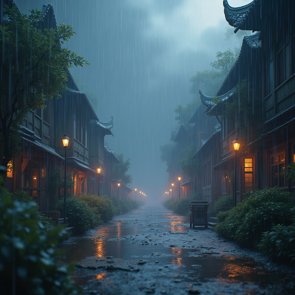 Fantastical Rainy Cityscape in Vibrant Color