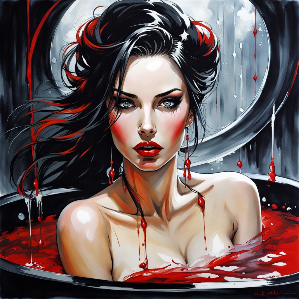 Futuristic Gothic Beauty Taking a Bath as Ink Painting