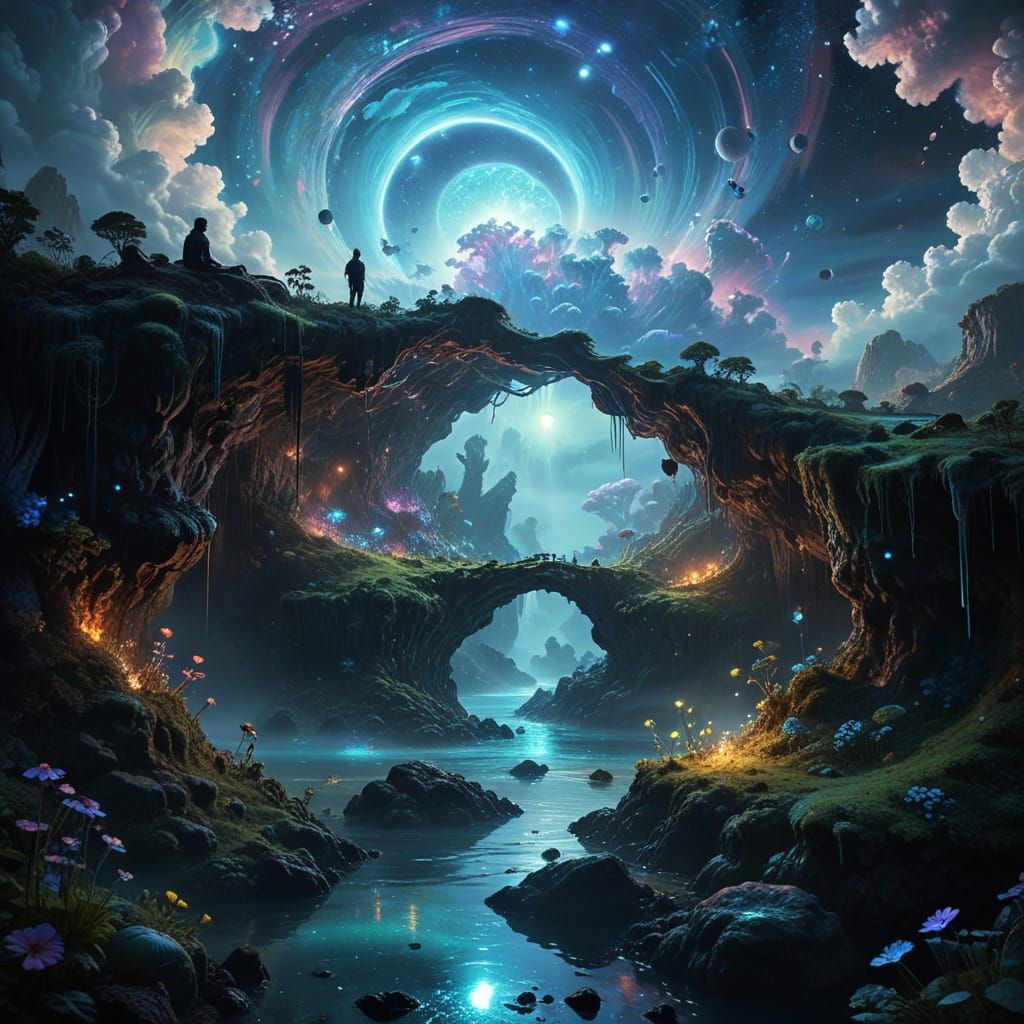 Alien Planet Cross-Section with Bioluminescent Flora