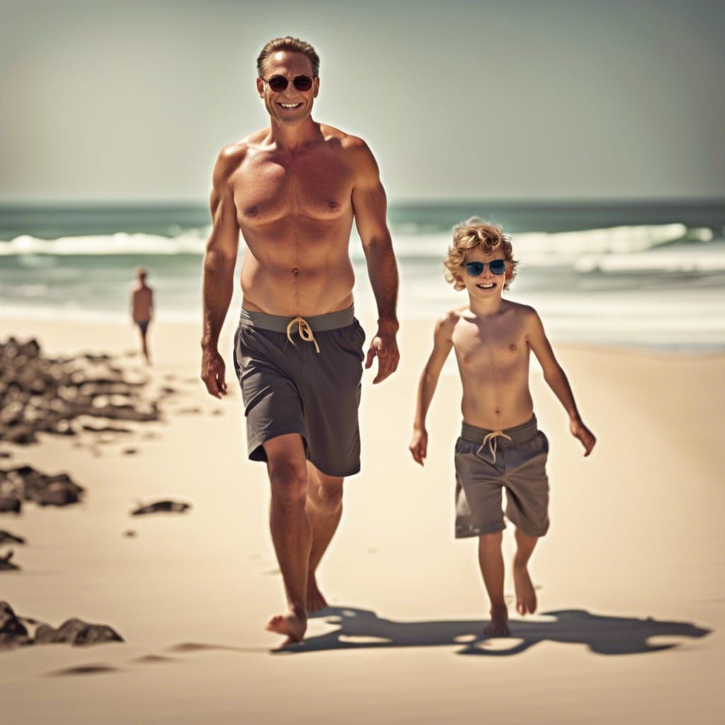 Father and Son Walking on the Beach