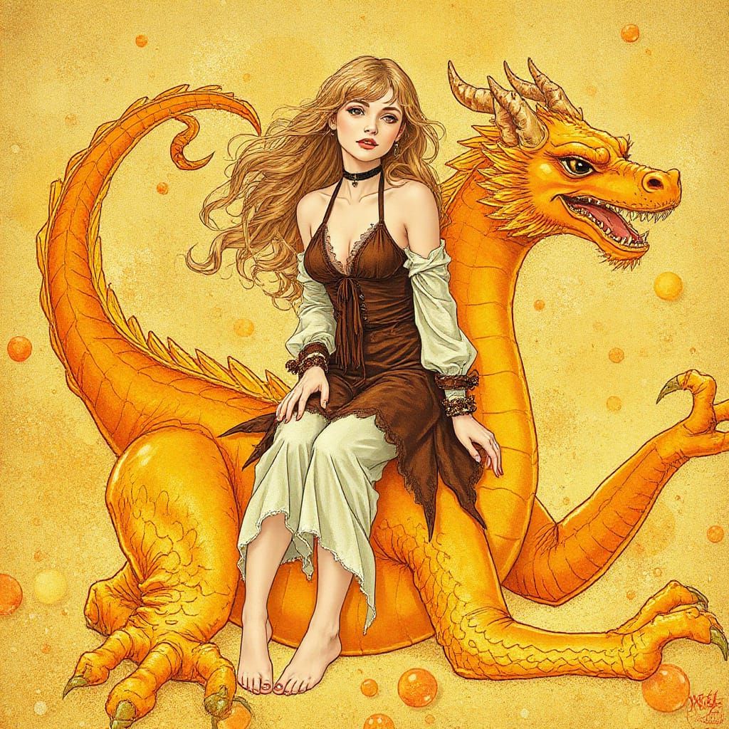 Woman on Gummy Dragon in Effervescent Soda Sea