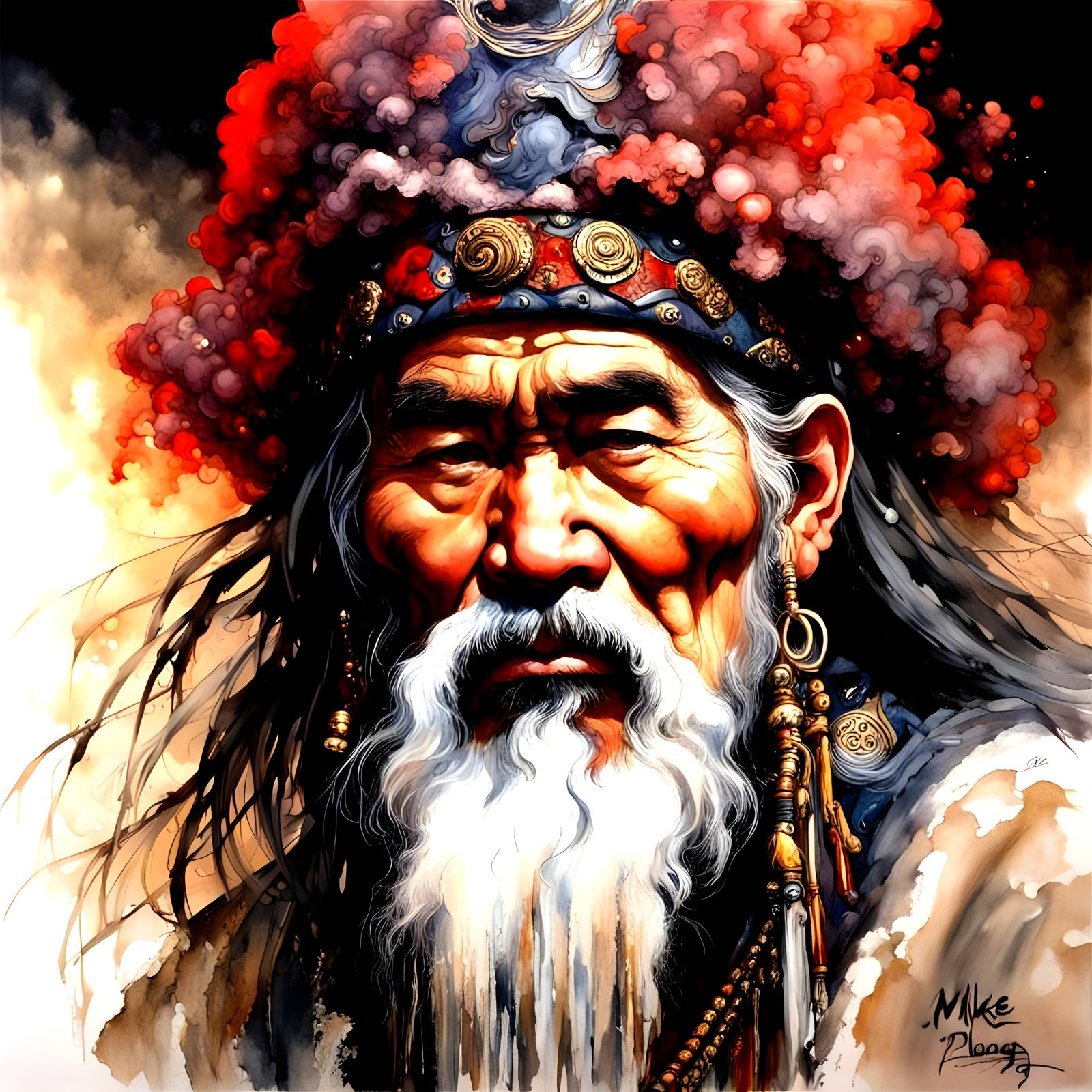 Ainu shaman, volcanic pyroclasm, alcohol ink, hyperdetailed, sharp contrast,   By mike ploog and pino daeni