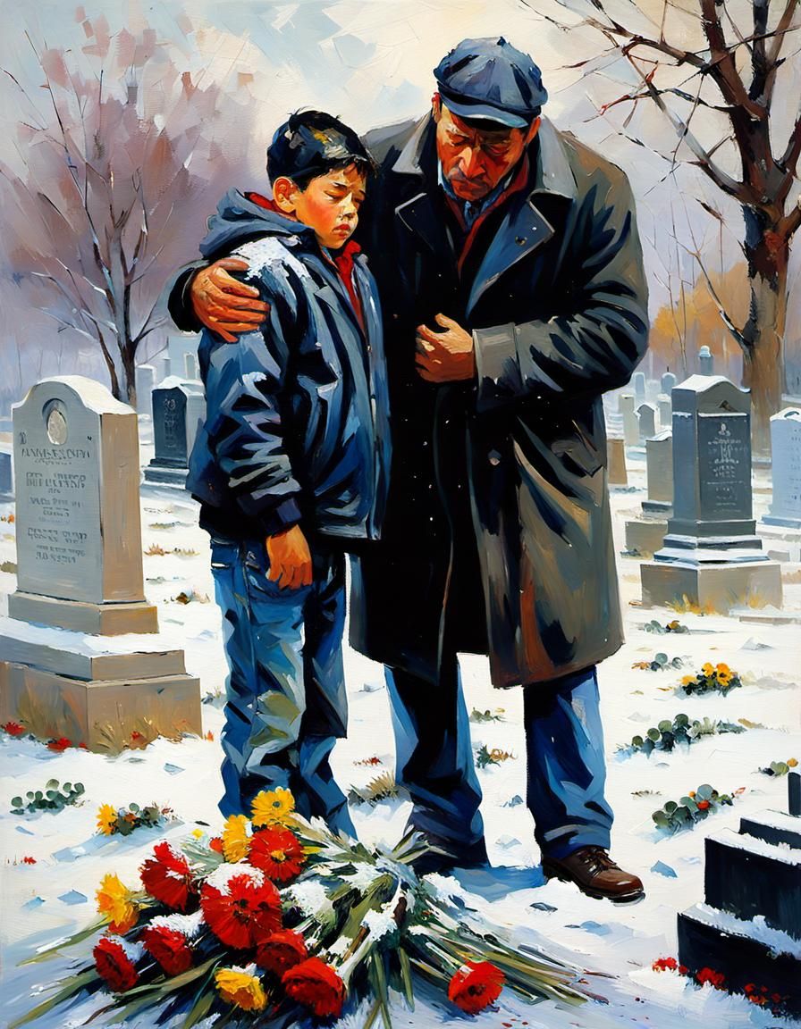 Grieving Father and Son: Impressionistic Cemetery Scene