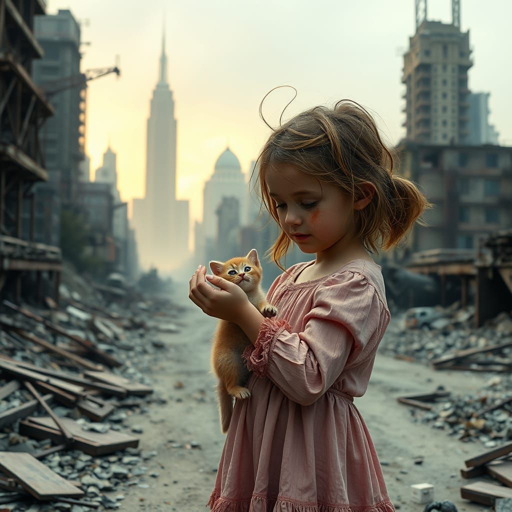 Girl Feeds Kitten in Post-Apocalyptic Ruins