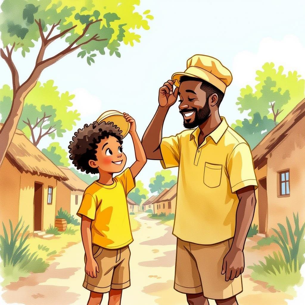 Children's Storybook Art: Boy Receives Baker's Hat