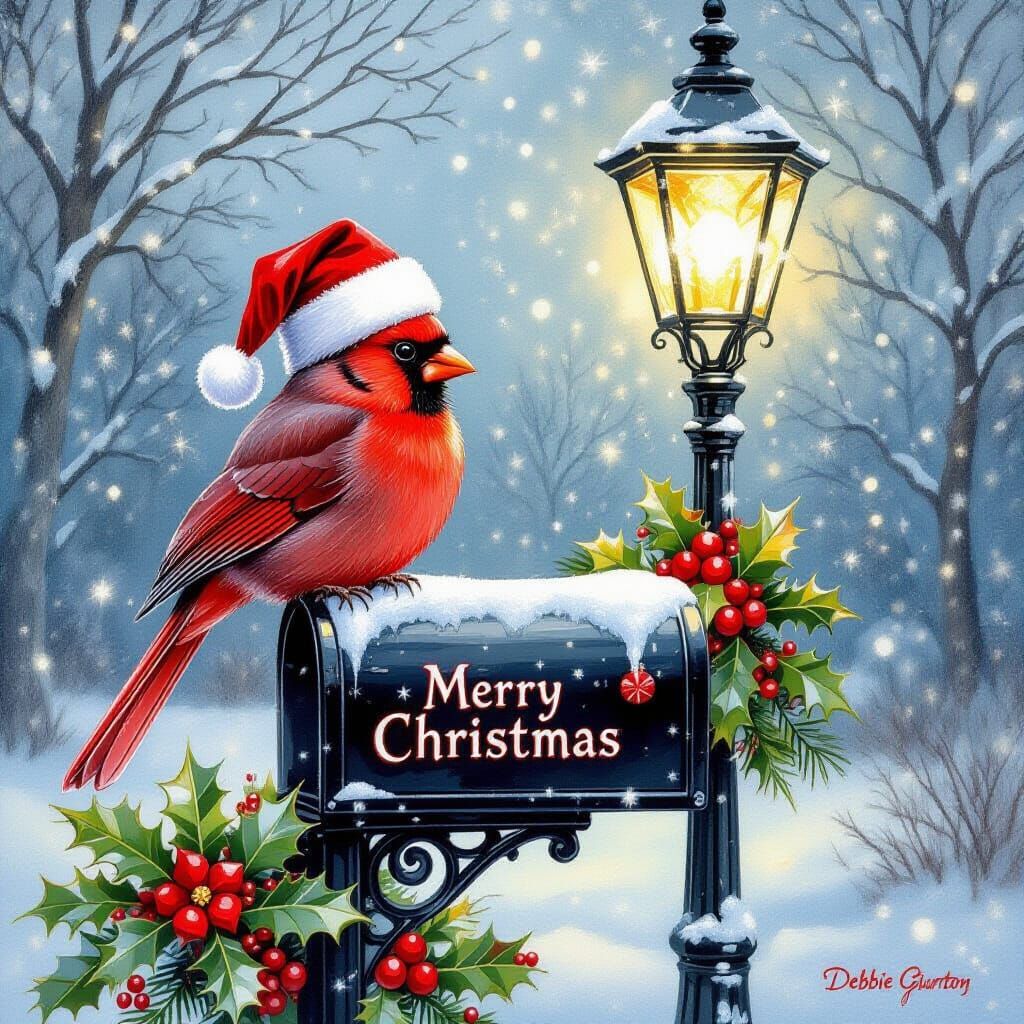 Cardinal in Santa Hat on Mailbox in Glittery Snow