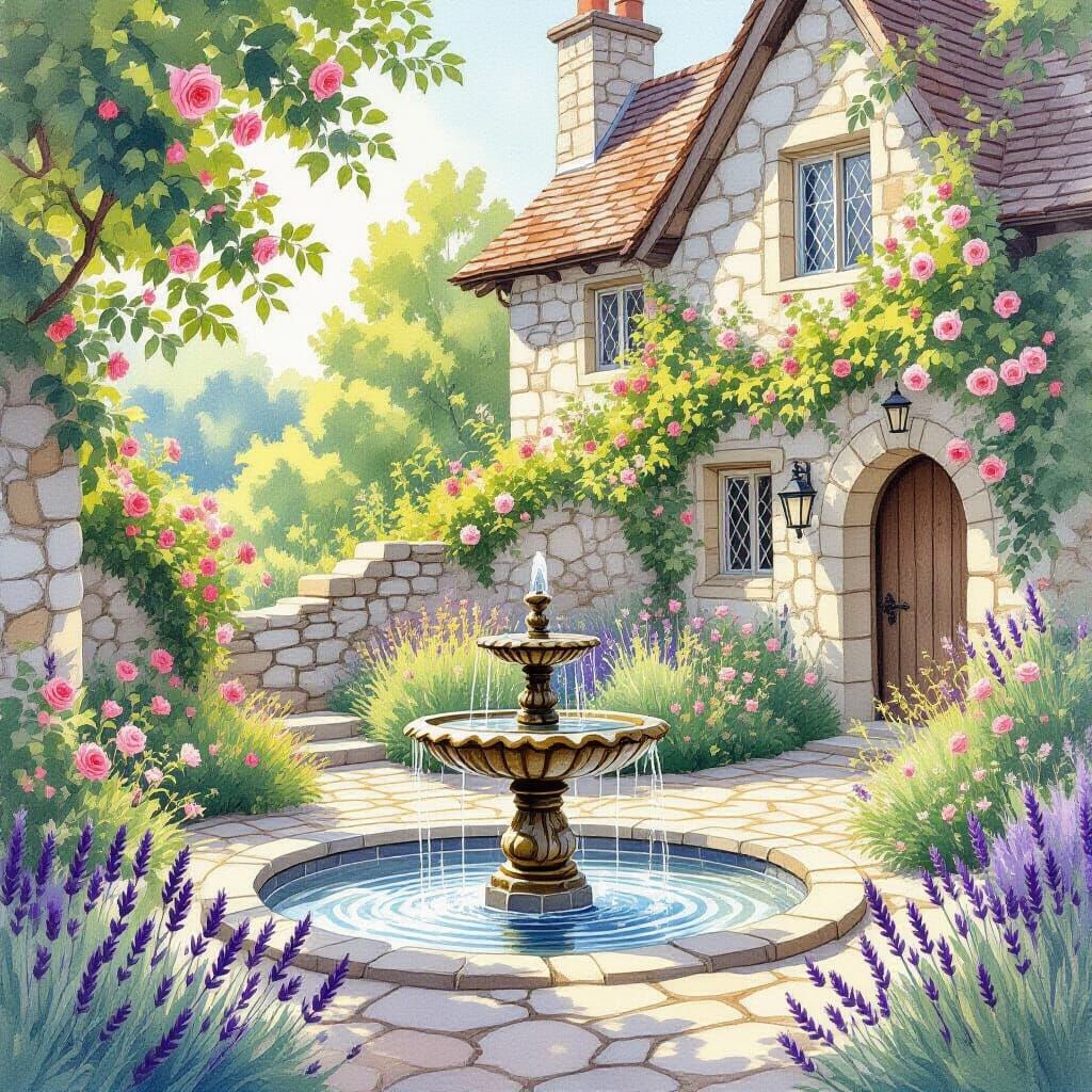 Enchanting Medieval Castle Garden in Watercolor Style