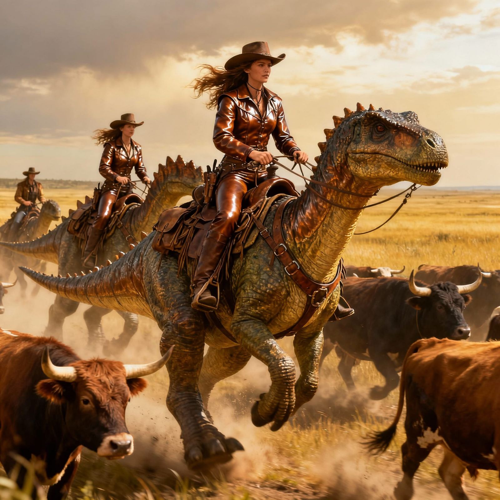 Primeval Cowgirls Riding Stegosaurus Herding Aurochs