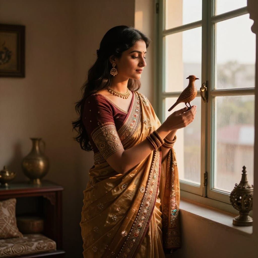 Woman Admiring Carved Bird in Golden Hour Light