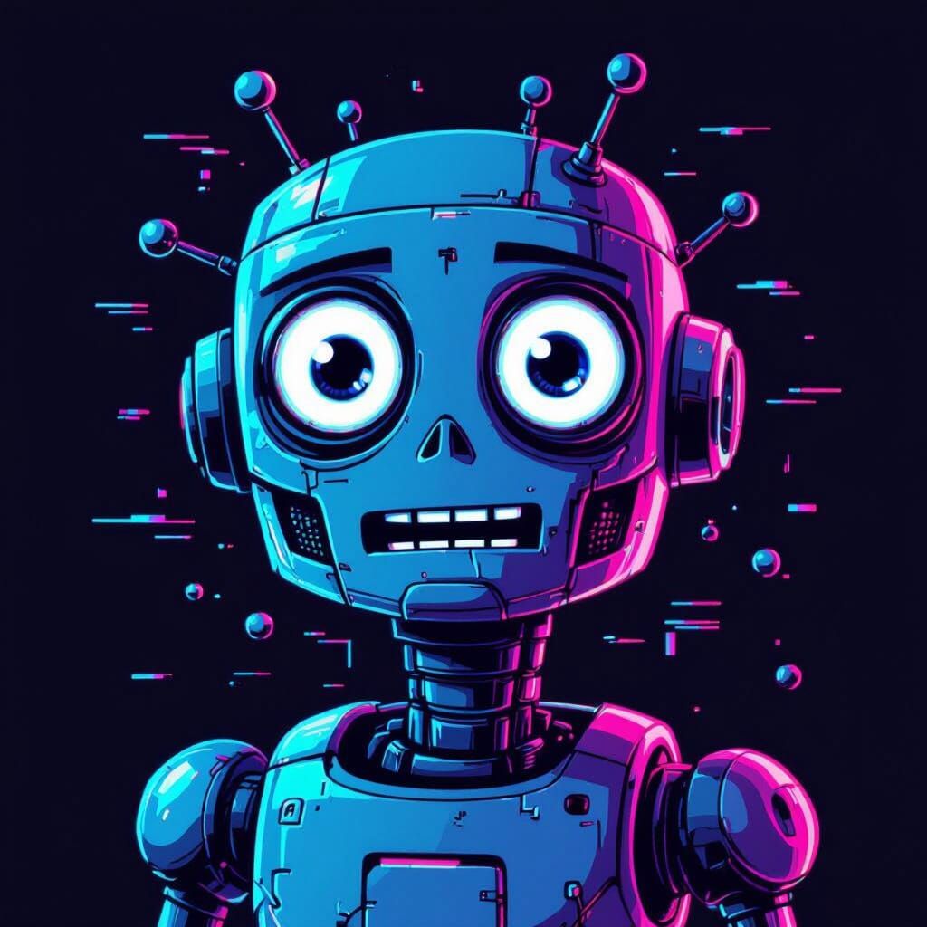 Glitchy AI Robot with Neon Eyes for Profile Picture