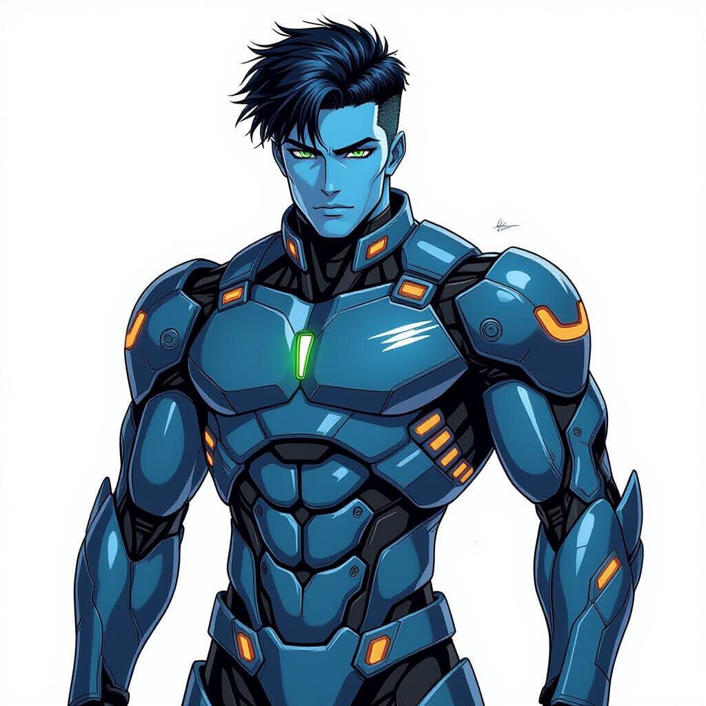 Blue-Skinned Man in Anime-Style High-Tech Armor