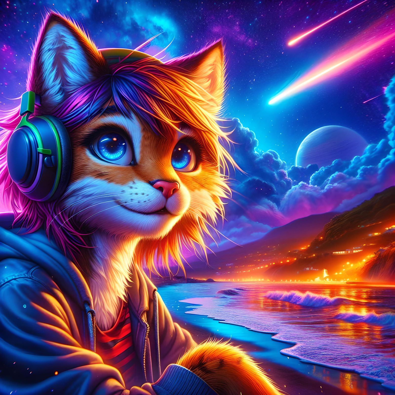 Hyperrealistic Cat Girl on a Beach at Night