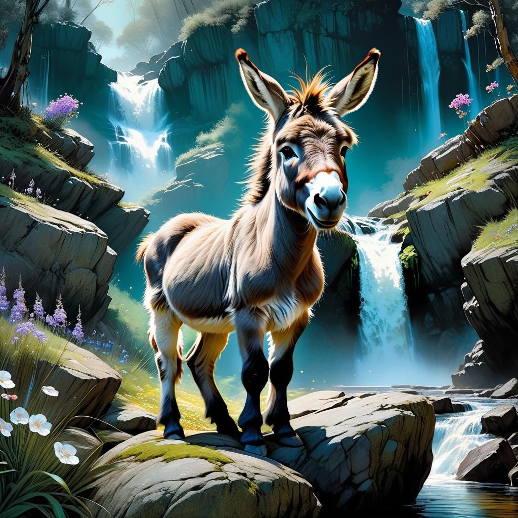 Enchanting Donkey in Rackham-esque Forest Scene