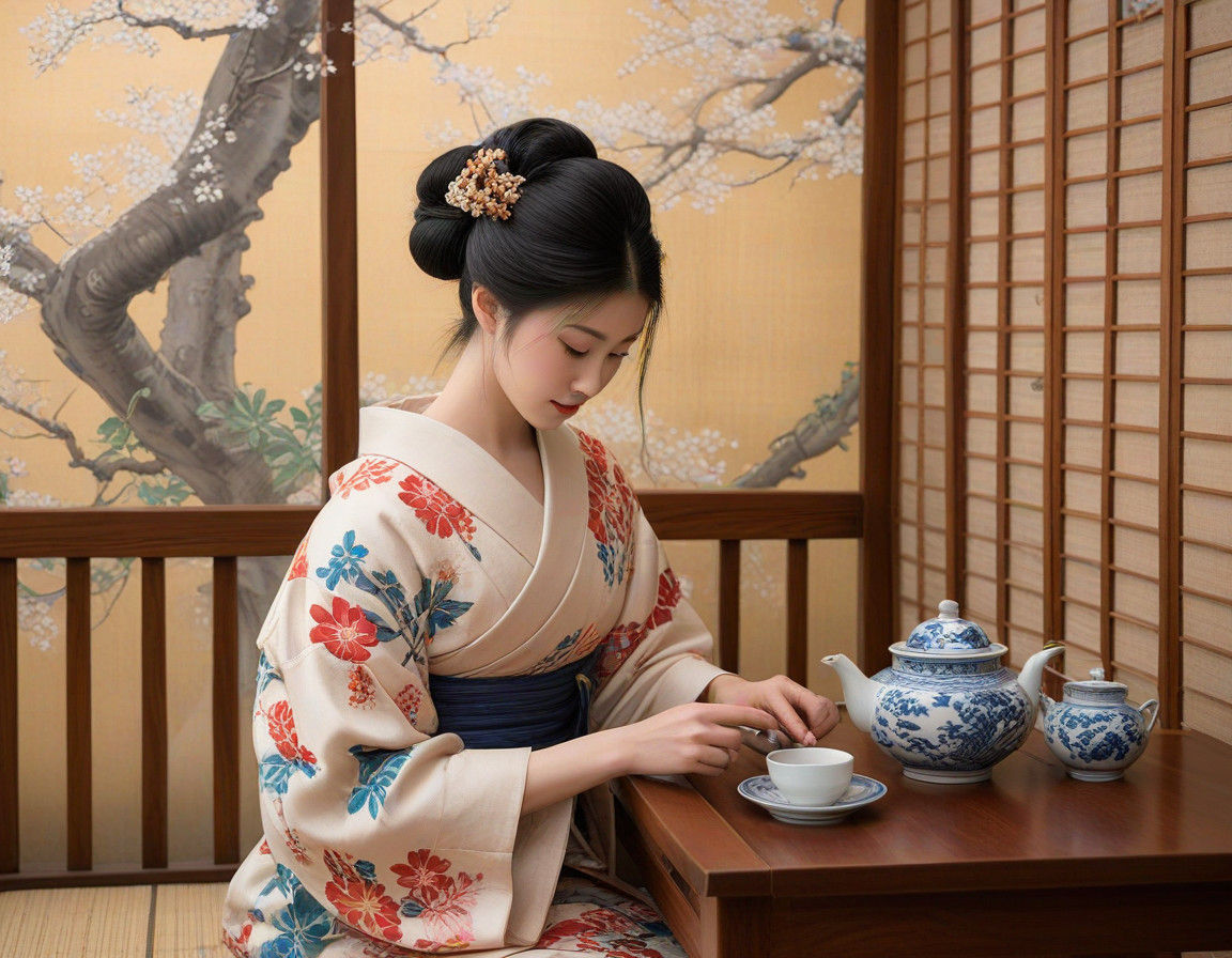 Traditional Japanese Geisha at Tea Ceremony in Ukiyo-e Style