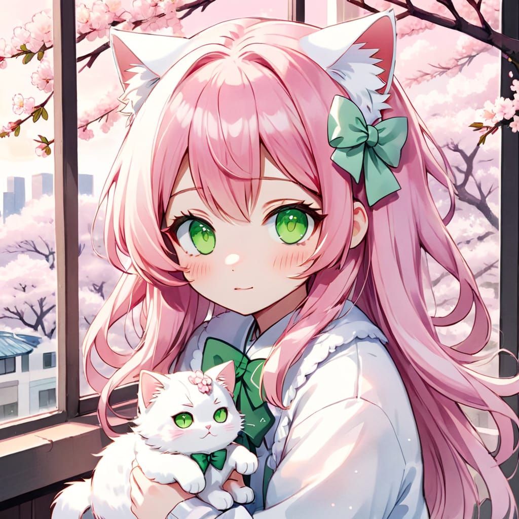 Adorable Anime Cat Girl in Cherry Blossom Wonderland