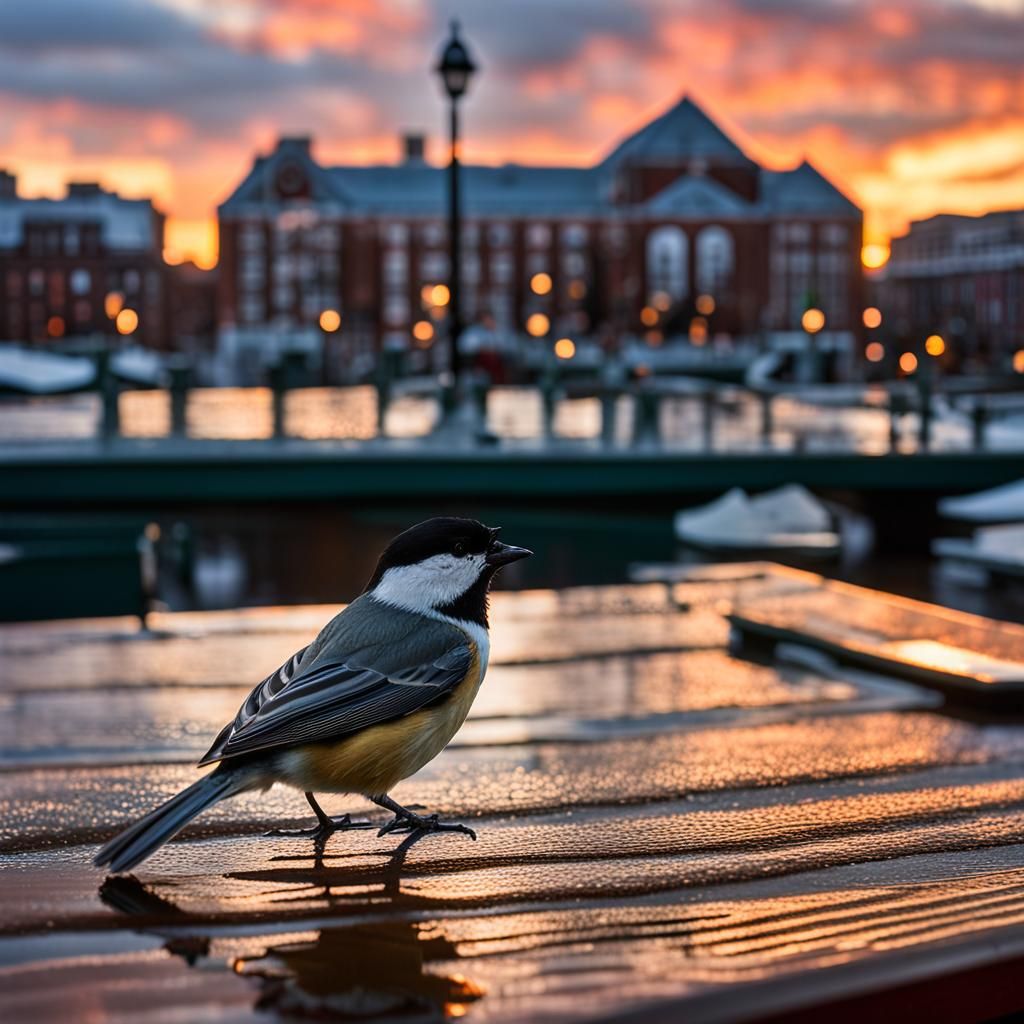 Chickadee at Sunset: Hyperrealistic Photorealistic Image
