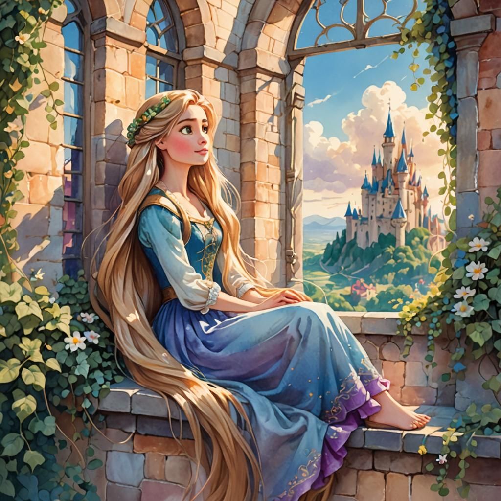 Rapunzel in Castle Window: Whimsical Watercolor Illustration