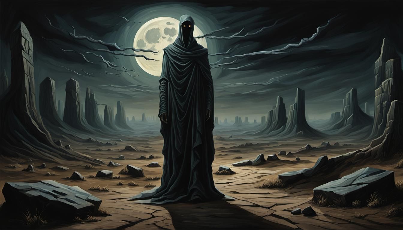 Grotesque Figure in Dark Surrealist Landscape