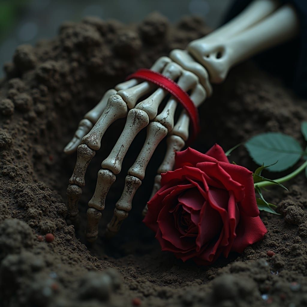 Macabre Gothic Skeletal Hand From Grave with Red Rose
